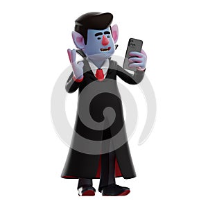 A funny Dracula Vampire 3D Cartoon Picture holding a cell phone