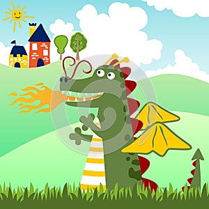 Funny dragon cartoon in meadow