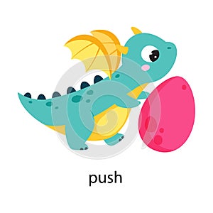 Funny Dragon Character Pushing Egg Demonstrating English Verb Vector Illustration
