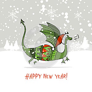 Funny Dragon character with Santa hat in winter forest. Symbol of Chinese New Year 2024. Greeting card design