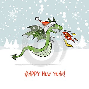 Funny Dragon character with Santa hat in winter forest. Symbol of Chinese New Year 2024. Greeting card design