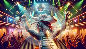 Funny dragon dancing in the nightclub party, entertaining people