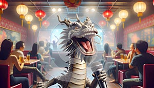 Funny dragon singing at karaoke bar