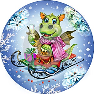 funny Dragon on sled, symbol of the New Year 2024