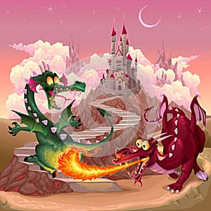 Funny dragons in a fantasy landscape with castle