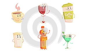 Funny Drinks Cartoon Characters Collection, Tea and Coffee Cup, Wine and Martini Glass, Milk, Juice Bottle Cute