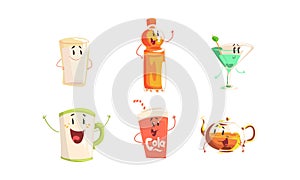 Funny Drinks Cartoon Characters Collection, Tea, Coffee, Milk, Martini, Juice, Cola Cute Beverages, Cafe, Restaurant