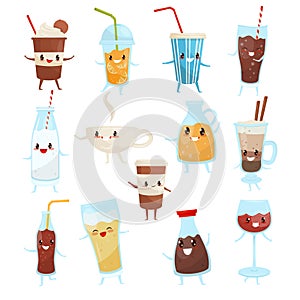 Funny Drinks with Faces and Arms Like Coffee Cup and Soda Glass with Straw Big Vector Set