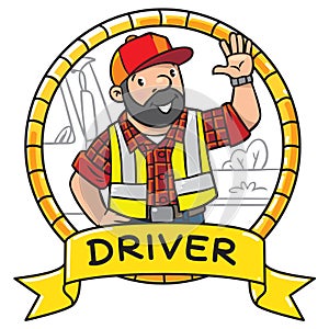 Funny driver or worker. Emblem.