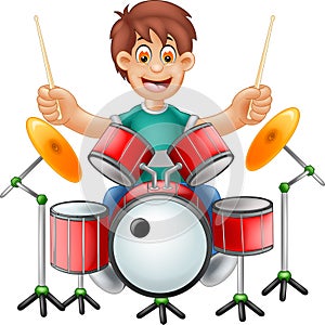 Funny drummer cartoon sitting with smile and play drum