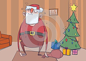 Funny drunk Santa Claus with a bag in a room with decoreted Christmas tree and colorful presents. Wasted happy Santa