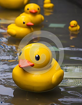 Funny duck toy in the blue clean pool background