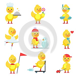 Funny duckling characters set, cute yellow duck