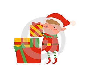 Funny dwarf elf with stack of Christmas gift boxes vector flat illustration. Adorable little Santa helper with heap of