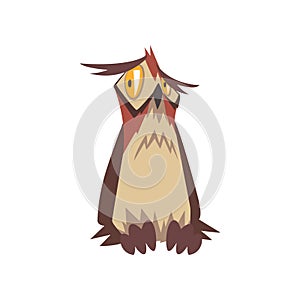 Funny Eagle Owl Bird, Great Horned Owl Character with Brown Plumage Vector Illustration