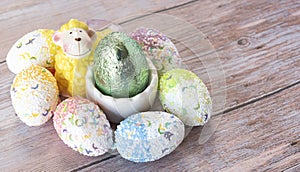 Funny Easter background with bunny, sheep and Easter eggs. Letter of wishes for Easter. With cospyspaces