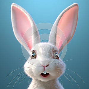 Funny Easter bunny on blue background. White rabbit with long ears