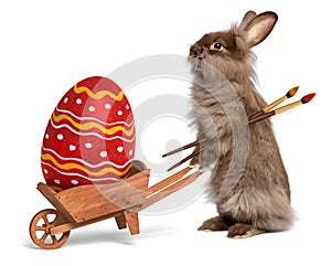 Funny Easter bunny rabbit with a wheelbarrow and a red Easter egg