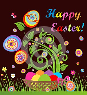 Funny easter card with tree and basket with colorful eggs
