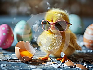 Funny easter concept holiday animal greeting card - little easter chick baby with sunglasses, in broken eggshell