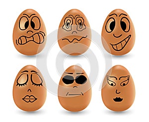 Funny Easter eggs set vector. Realistic brown eggs on a white background. Faces, eyes, grimaces, hand drawn with a marker on the