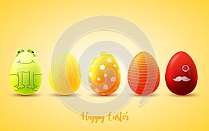 Funny Easter eggs on yellow sunny background