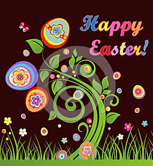Funny easter greeting card with tree