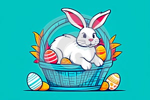 Funny Easter Rabbit in the Basket, Isolated. Wicker basket of colorful eggs and cute white bunny
