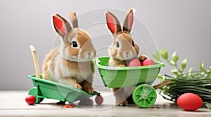 Funny Easter rabbit with a wheelbarrow and an East