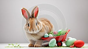 Funny Easter rabbit with a wheelbarrow and an East