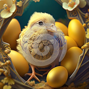 Funny Easter yellow chick with decorations and Easter yellow eggs as background for traditional holiday card. Generative Ai
