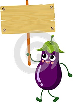 Funny eggplant mascot holding a wooden sign