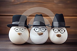 Funny eggs with faces in glasses, mustaches and hats on a wooden background. The concept of laughter and humor