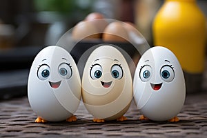 Funny eggs with faces in the kitchen. The concept of laughter and humor