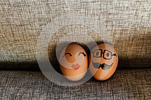 Funny eggs with painted faces, Lover eggs couple, Easter eggs