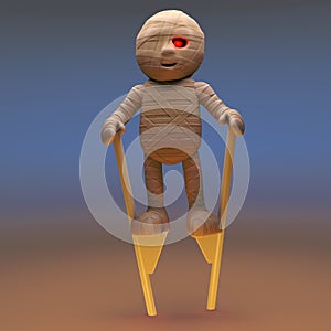 Funny Egyptian mummy monster tries out his stilts in the sand, 3d illustration