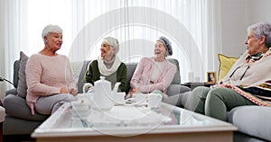 Funny, elderly women and friends in home living room, bonding and laughing together. Happy, senior group and people on