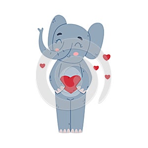 Funny Elephant with Large Ear Flaps and Trunk Holding Red Heart and Smiling Vector Illustration