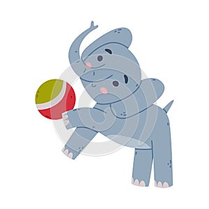 Funny Elephant with Large Ear Flaps and Trunk Playing Ball Vector Illustration