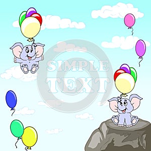 Funny elephants with balloons. Elephant with big ears flying on multi-colored balloons. The sky with clouds. Children postcard.