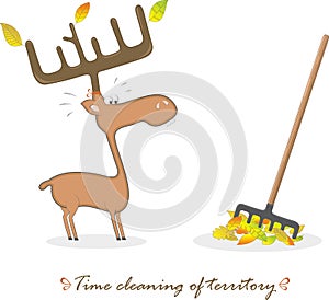 Funny elk and rake, vector illustration