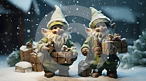 Funny elves carrying gifts on Christmas night, helpers of Santa Claus in winter, bearded characters on snow background. Concept of