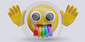 Funny emoji yawning with rainbow and raises hands. Concept of big happiness and excitement