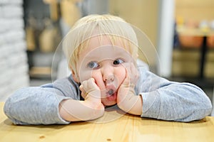 Funny emotional child is at a table in a cafe. Cute little boy sitting in restaurant and waiting for his order. Kid tired of