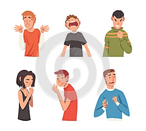 Funny emotional people set. Frightened, angry, bored, peaceful, insidious men and woman cartoon vector illustration