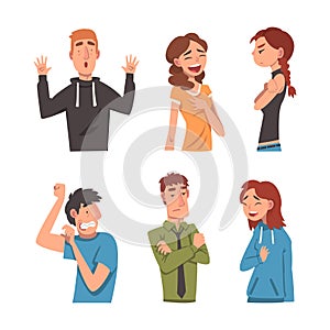 Funny emotional people set. Frightened, sceptic, joyful, surprised, men and women cartoon vector illustration