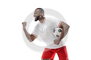Funny emotions of professional football, soccer player isolated on white studio background, excitement in game