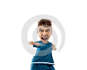 Funny emotions of professional football, soccer player isolated on white studio background. Excitement in game, human