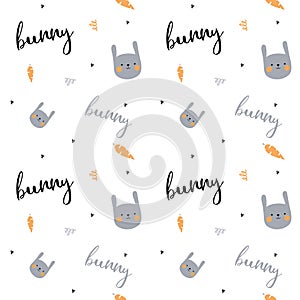 Funny endless hand drawn background with cute bunny, text and carrot. Cool vector illustration for kids, babies, fashion, texture