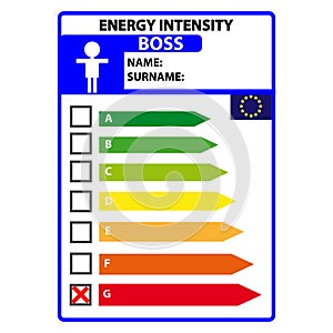 Funny energy efficience label for boss isolated on white background. Vector illustartion.